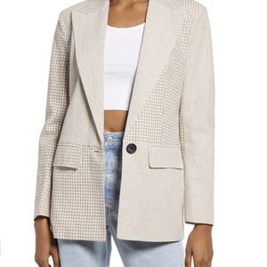 Women's Mix Check Relaxed Fit Cotton/Linen Blazer, Size M, in Cafe Check Tan NWT